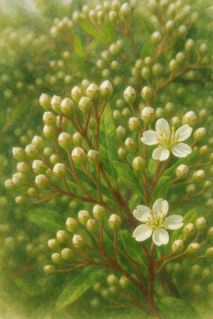 日本の春、ピラカンサの白い蕾が無数に並び、少数が開花し始めている様子を描いた水彩画風イラスト