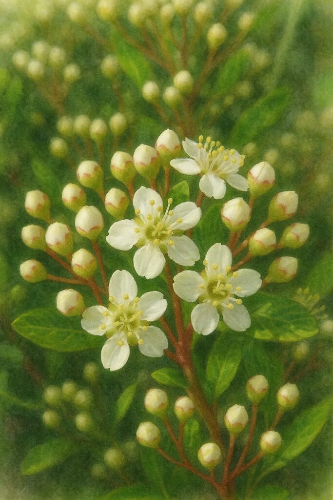 日本の春、ピラカンサの白い花が多数咲き、蕾も残る状態を描いた水彩画風イラスト