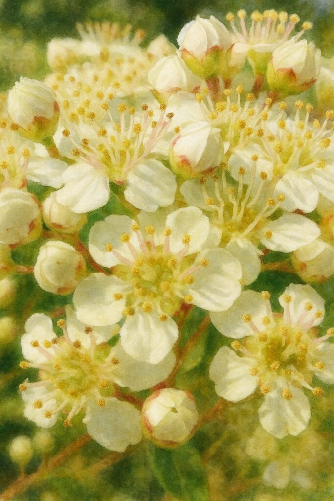 日本の春、ピラカンサの白い花が密に咲き、雄しべが多数立ち上がる様子を描いた水彩画風イラスト