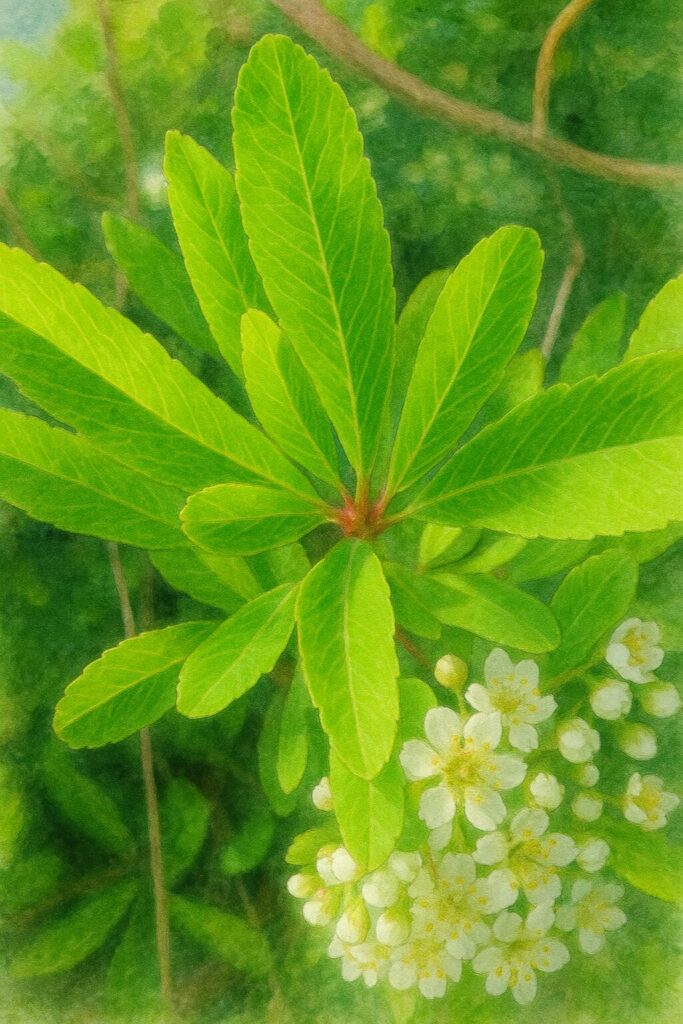 日本の春、ピラカンサの若い新葉が放射状に広がり、下部に白い花房が見える様子を描いた水彩画風イラスト