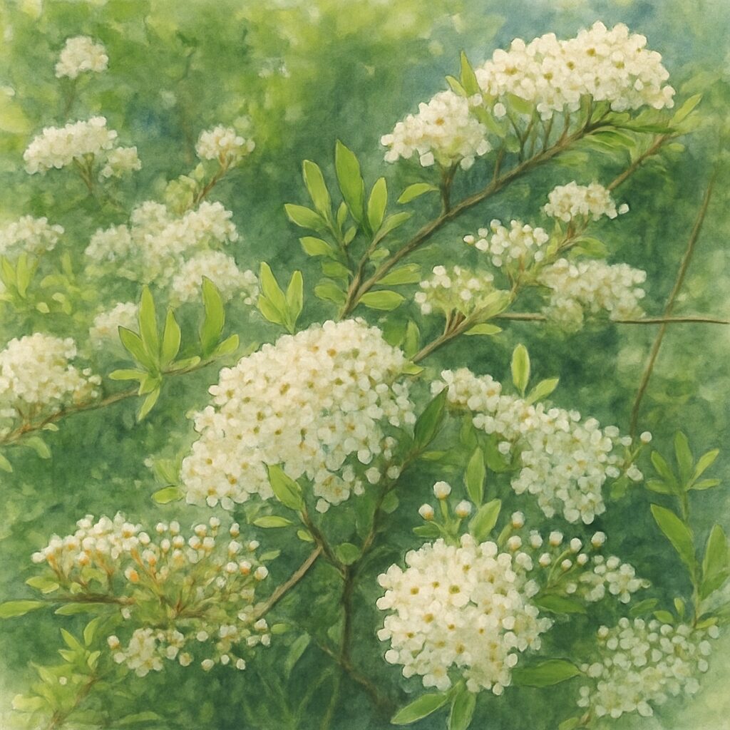 日本の春、ピラカンサが白い花を一面に咲かせた枝全体の姿を描いた水彩画風イラスト