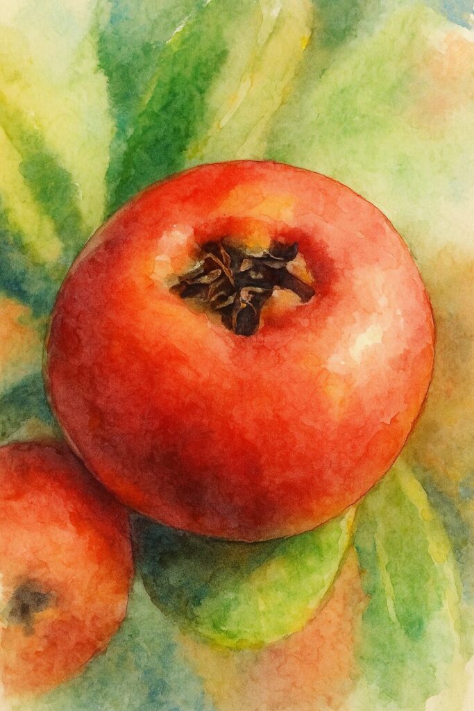 日本の秋、ピラカンサの赤い実を極端な近距離で描いた水彩画風イラスト。果頂部の黒褐色の萼痕が強調される構図