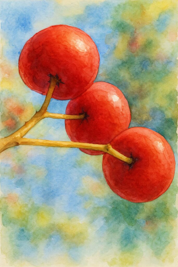 日本の秋、青空を背景にピラカンサの赤い実が3粒ぶら下がっている様子を描いた水彩画風イラスト
