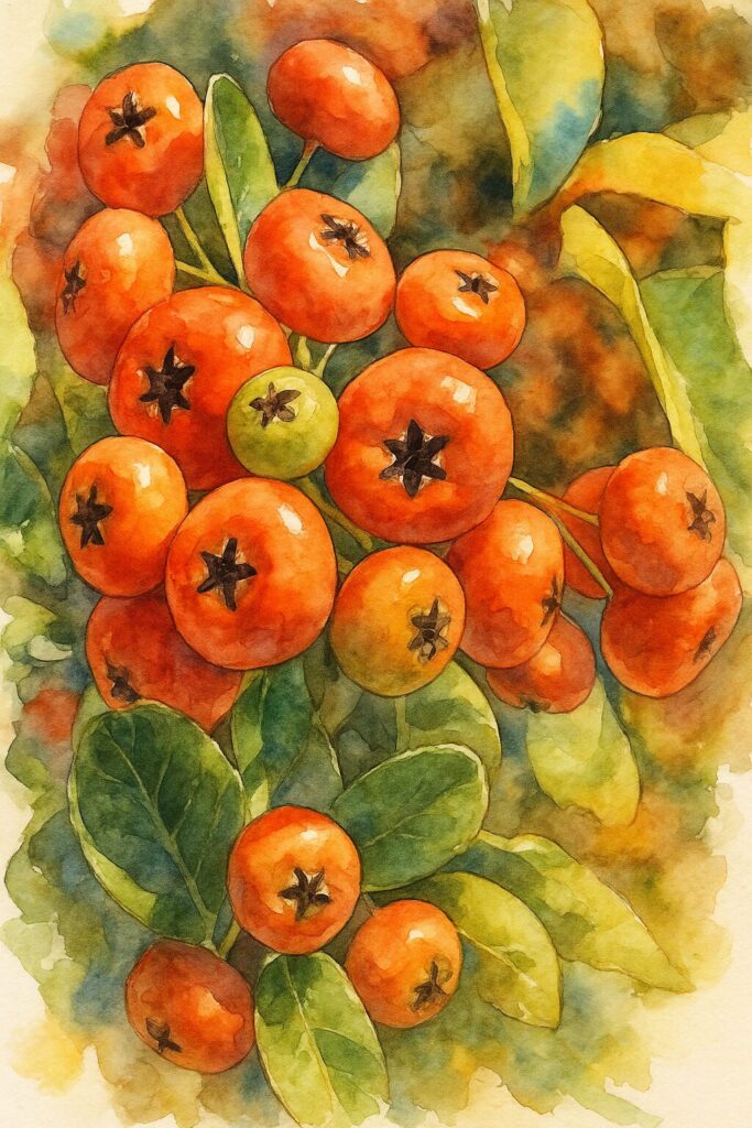 日本の秋、ピラカンサの実が緑からオレンジ、赤へと色づいていく過程を同じ房で描いた水彩画風イラスト。青空背景