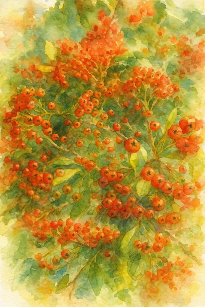 赤いピラカンサの群生した実を多数描いた芸術的な水彩画風イラスト