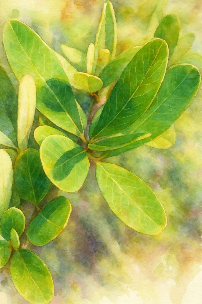 ピラカンサの緑の葉を透明感のある水彩画風で描いたボタニカルイラスト