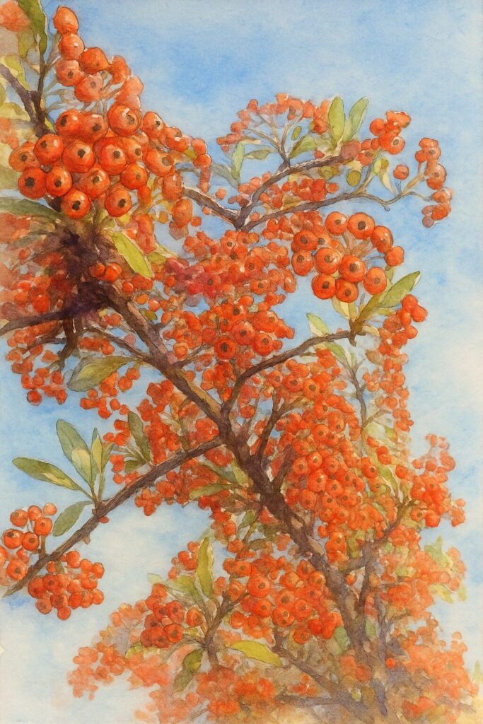 青空を背景にして枝いっぱいに広がる赤いピラカンサの実を水彩画風で描いたイラスト