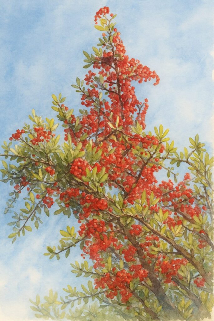 青空の背景に向かって縦に伸びるピラカンサの枝と赤い実を水彩画風で描いたボタニカルイラスト