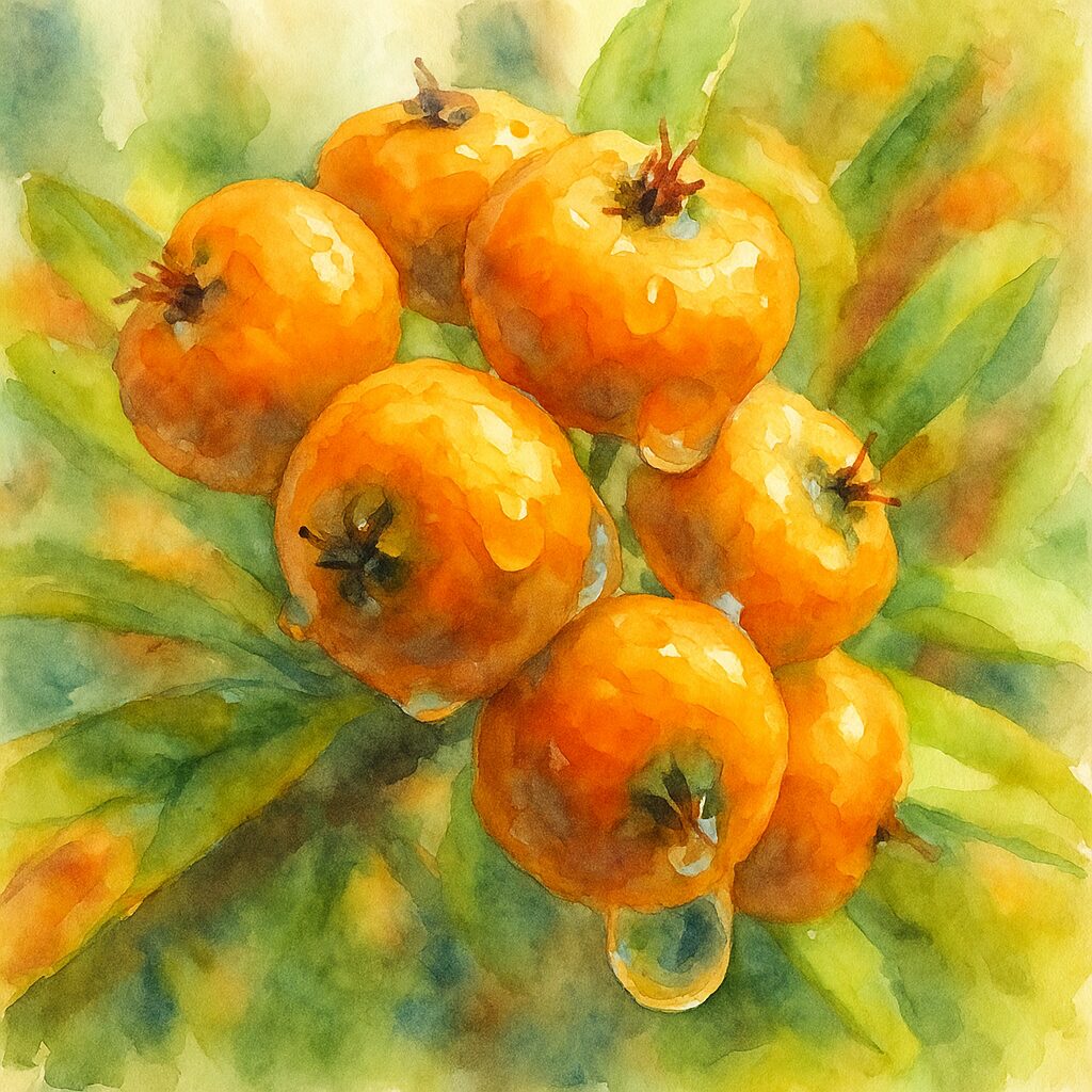 ピラカンサの橙色の実を水滴ごと描いた水彩画風イラスト｜雨上がりに濡れた果実と柔らかいボケ背景