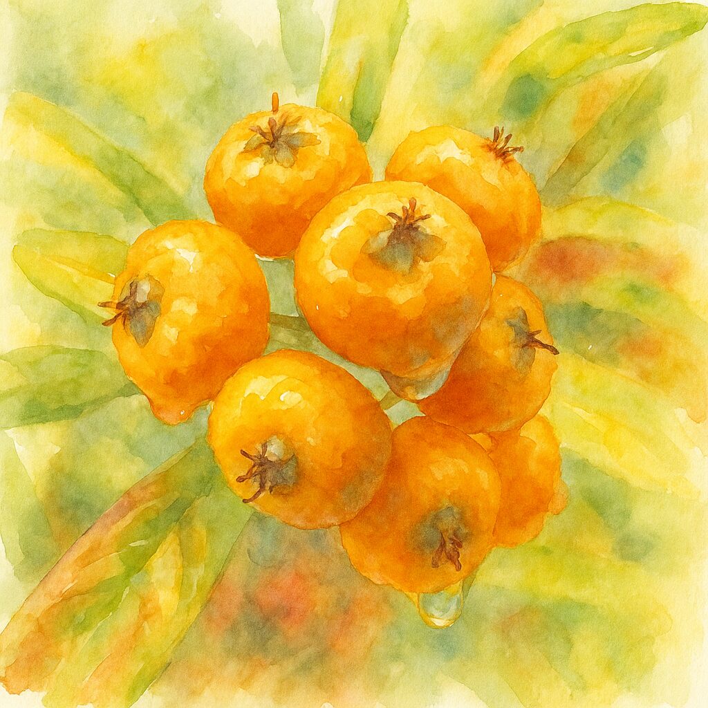 ピラカンサの橙色の実を水滴ごと描いた水彩画風イラスト｜濡れた果実と柔らかいボケ背景