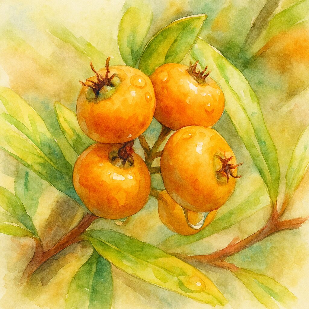 ピラカンサの橙色の実を水滴ごと描いた水彩画風イラスト｜雨上がりの果実と柔らかい背景