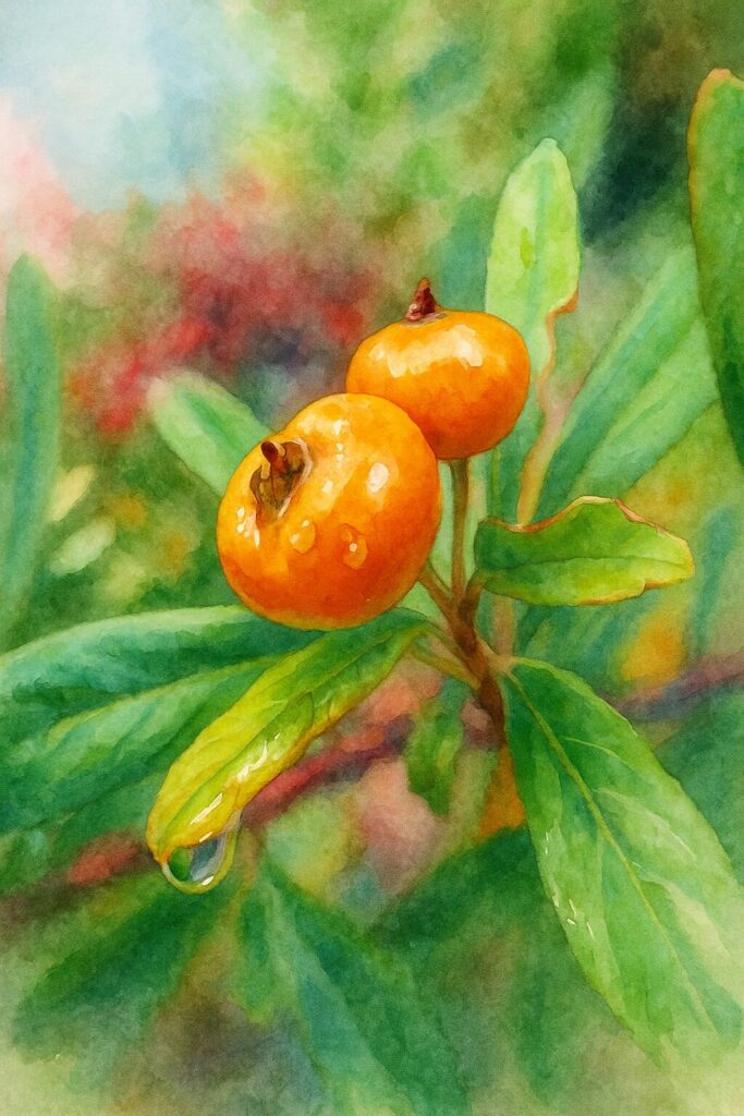 ピラカンサの橙色の実を雨上がりの質感ごと描いた水彩画風イラスト｜濡れた葉とボケ背景