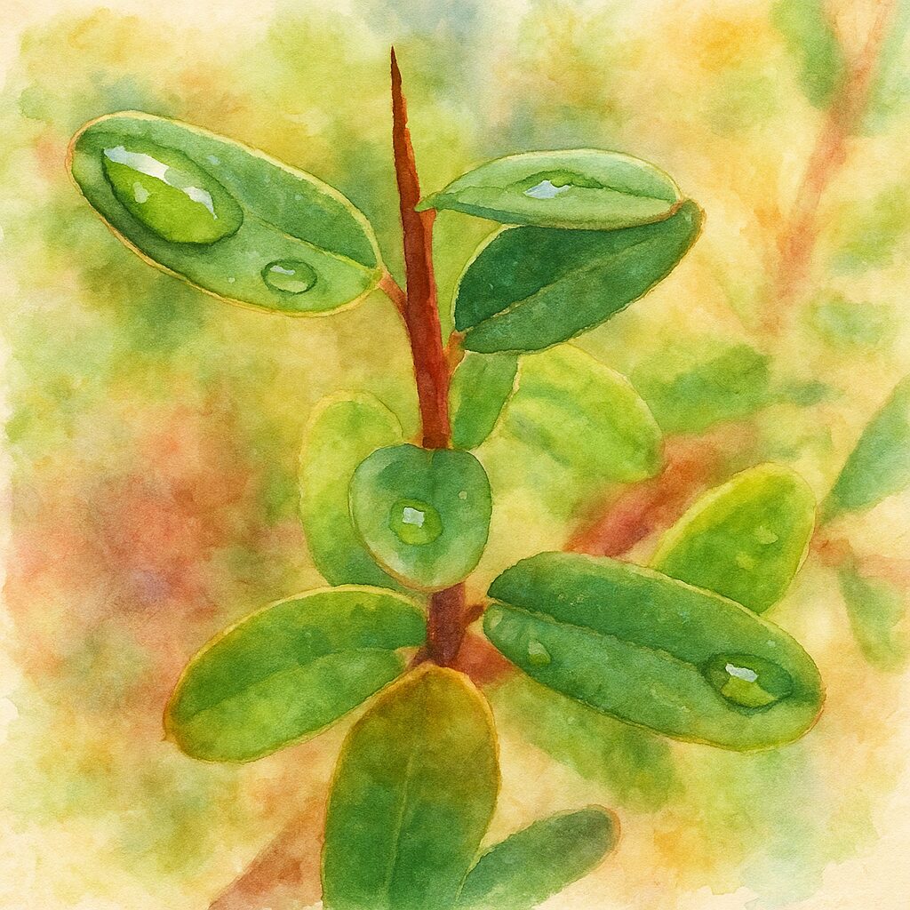 ピラカンサの赤い枝と濡れた緑の葉を描いた水彩画風イラスト｜葉の上に水滴が乗る雨上がりの情景