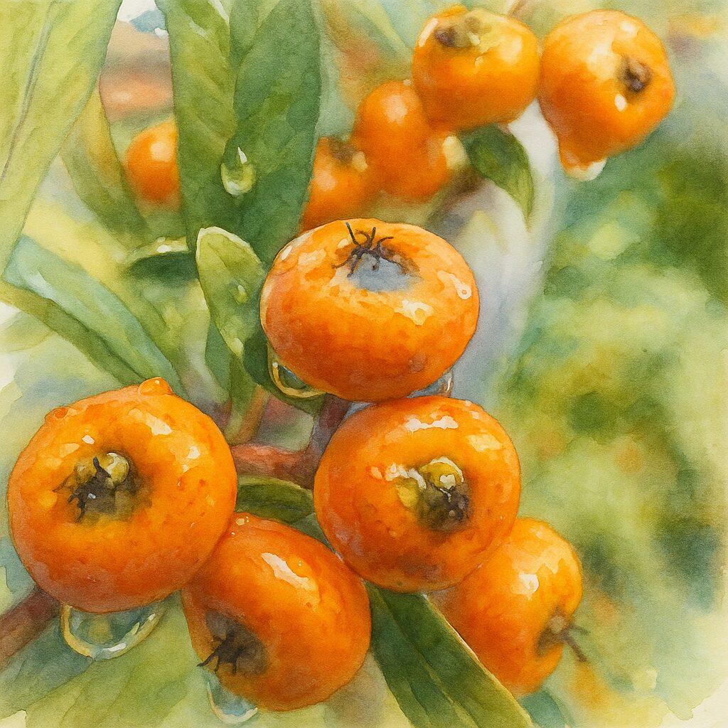 ピラカンサの橙色の実を濡れた質感ごと描いた水彩画風イラスト｜雨上がりの果実と柔らかいボケ背景
