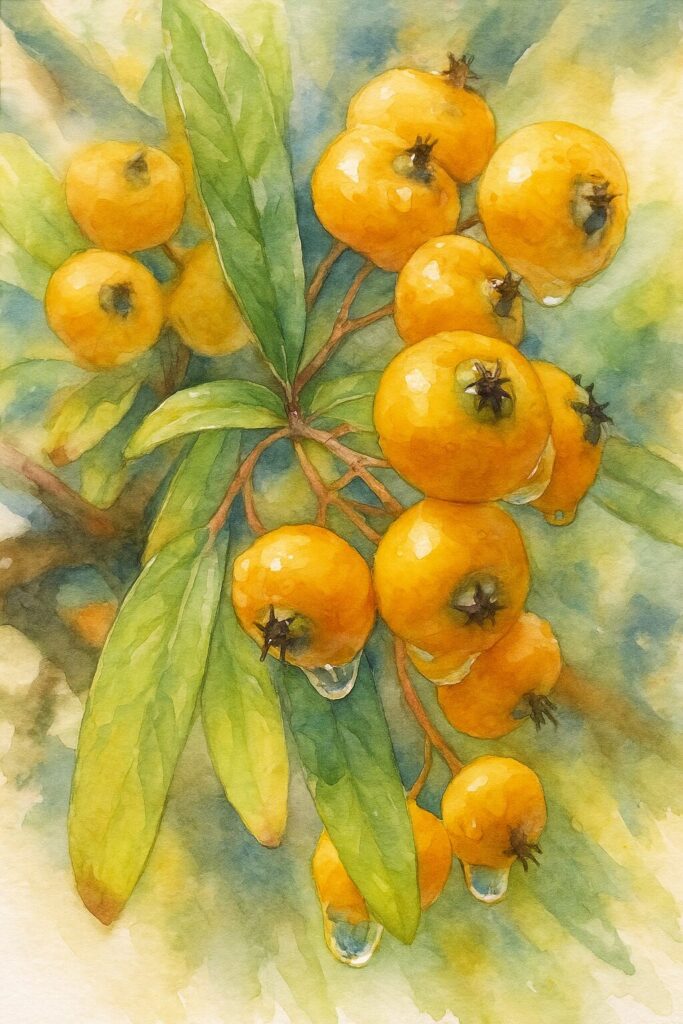 ピラカンサの橙色の実を雨上がりの質感ごと描いた水彩画風イラスト｜濡れた果実と柔らかい背景