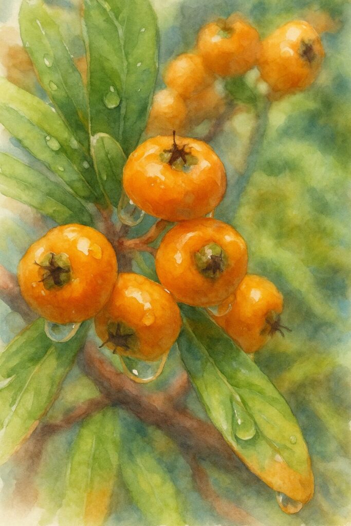 ピラカンサの橙色の実を雨上がりの質感ごと描いた水彩画風イラスト｜水滴と柔らかいボケ背景が印象的
