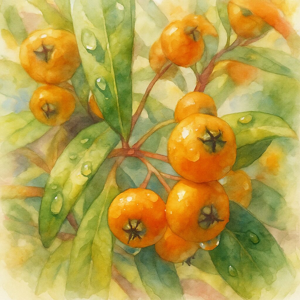 ピラカンサの橙色の実と濡れた葉を描いた水彩画風イラスト｜雨上がりの質感と柔らかい背景が印象的