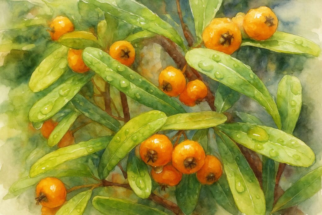 ピラカンサの橙色の実と水滴の付いた葉を描いた水彩画風イラスト｜雨上がりの瑞々しい質感と柔らかい背景