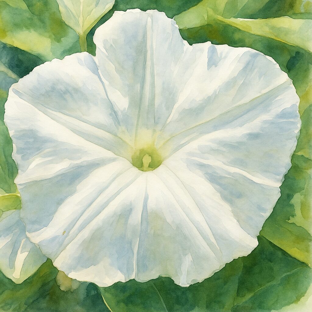 白い朝顔（クウシンサイの花）をモチーフにしたプロレベルの水彩画風イラスト｜柔らかな白と緑の色彩｜夏の雰囲気
