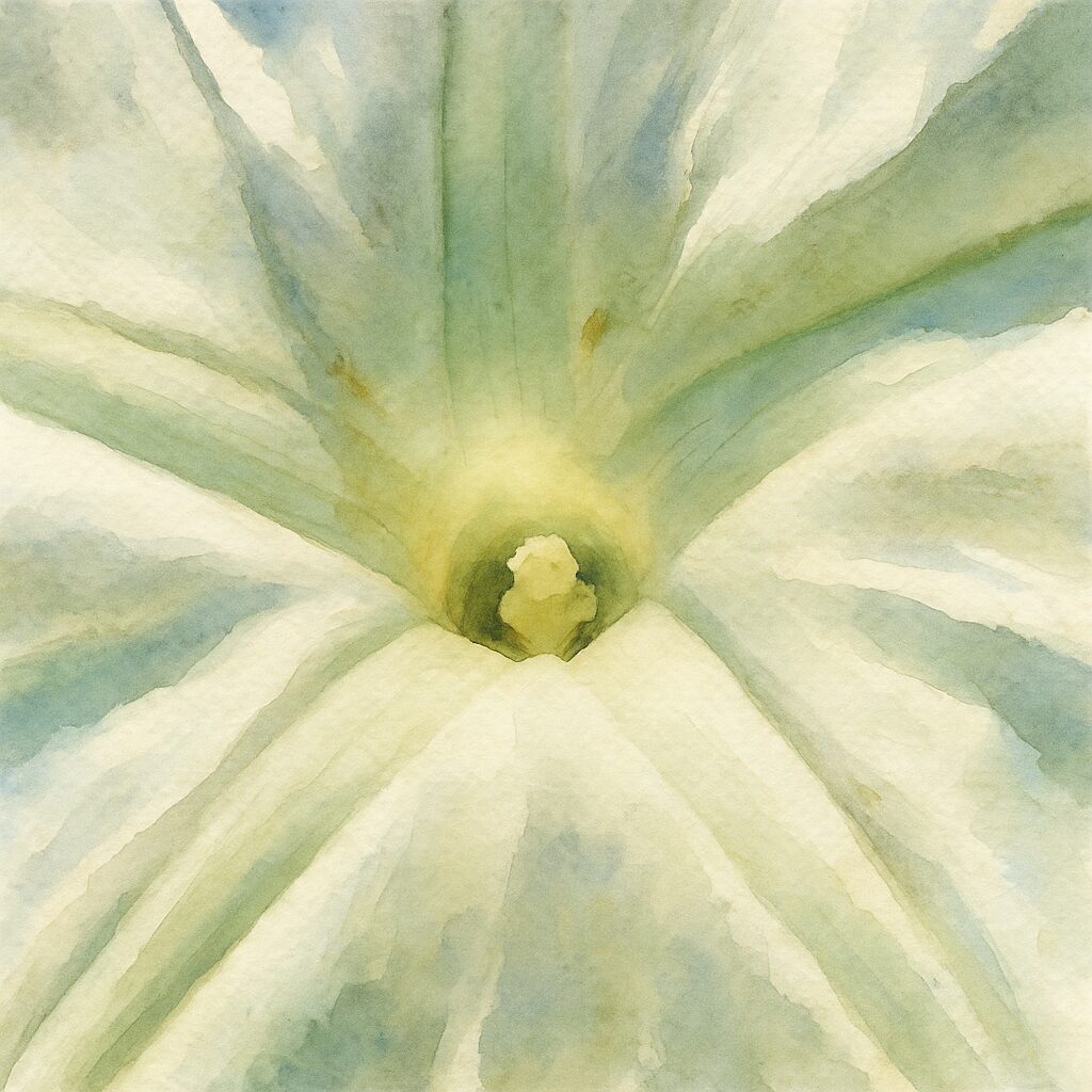 白い朝顔（クウシンサイの花）の中心部をモチーフにした水彩画風イラスト｜柔らかな白と黄緑のニュアンス表現
