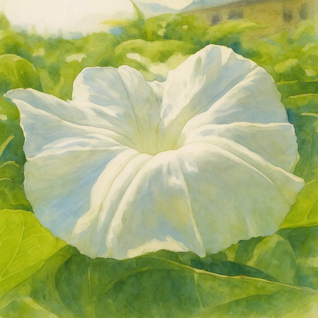 白い朝顔（クウシンサイの花）をモチーフにした水彩画風イラスト｜夏の畑と緑の葉に包まれた立体的な白い花