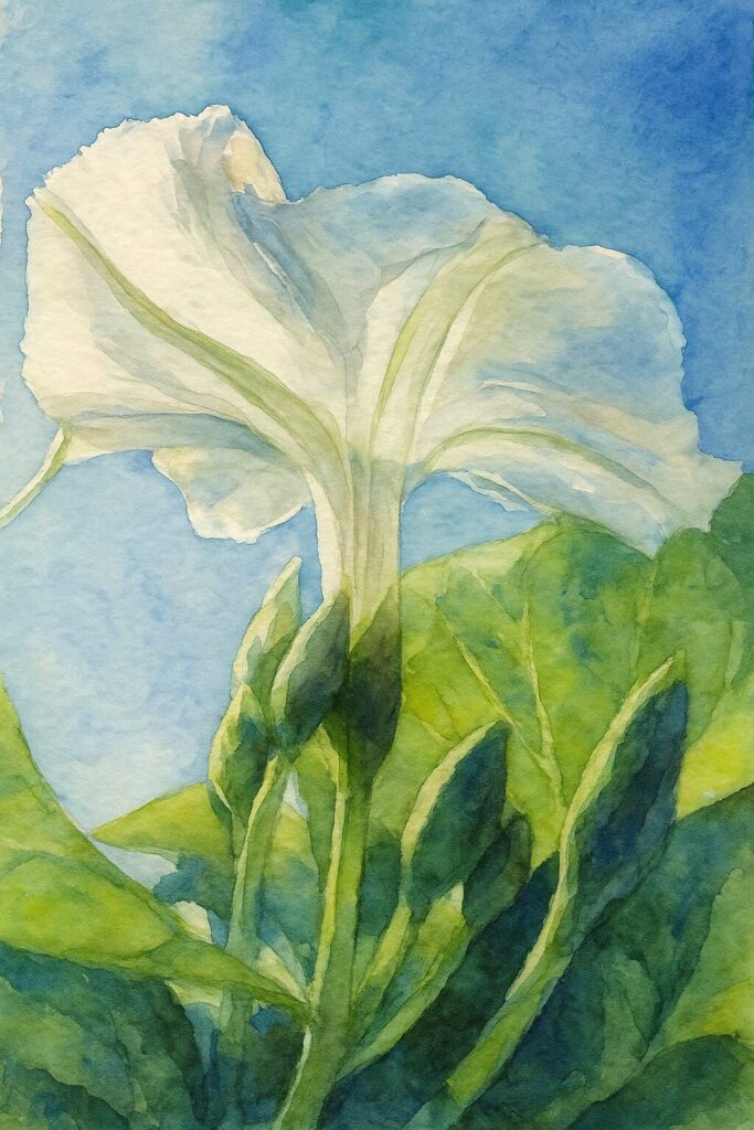 青空を背景に白い朝顔（クウシンサイの花）を下から見上げた水彩画風イラスト｜透明感のある白い花と緑葉のコントラスト
