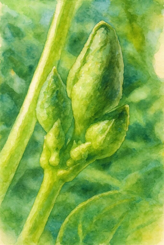 白い朝顔（クウシンサイの花）のつぼみをモチーフにした水彩画風イラスト｜柔らかな緑色の段階と質感表現