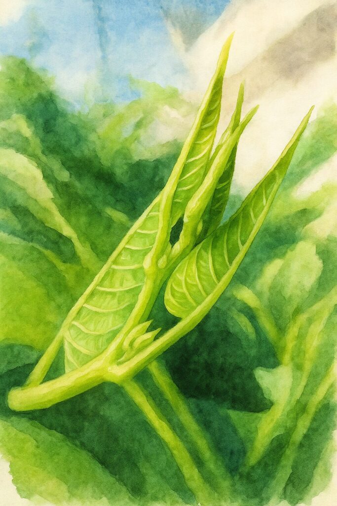 クウシンサイの若い新芽をモチーフにした水彩画風イラスト｜明るい緑色の新葉と繊細な葉脈表現