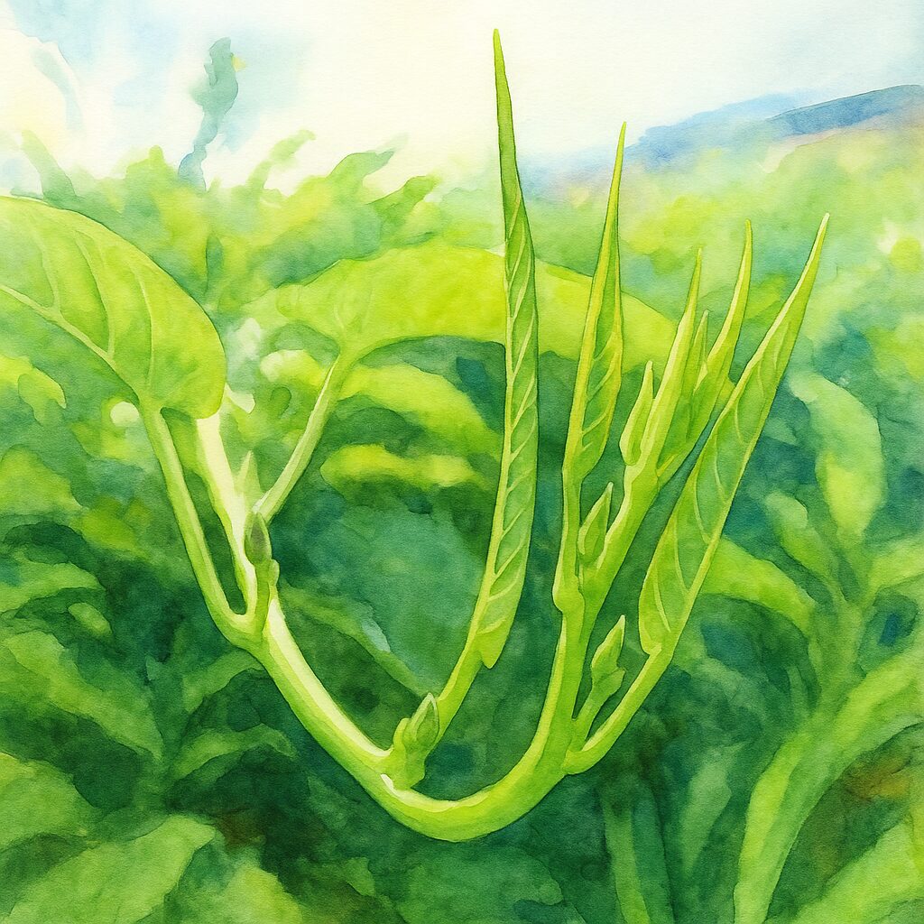 クウシンサイの新芽をモチーフにした水彩画風イラスト｜複数の若い葉が立ち上がる成長過程の描写