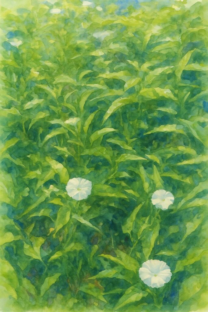 クウシンサイの群生をモチーフにした水彩画風イラスト｜青々と生い茂る葉と白い花が点在する夏の畑の情景