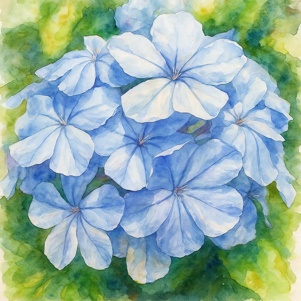 青いルリマツリの房を柔らかいタッチで描いた水彩画風イラスト