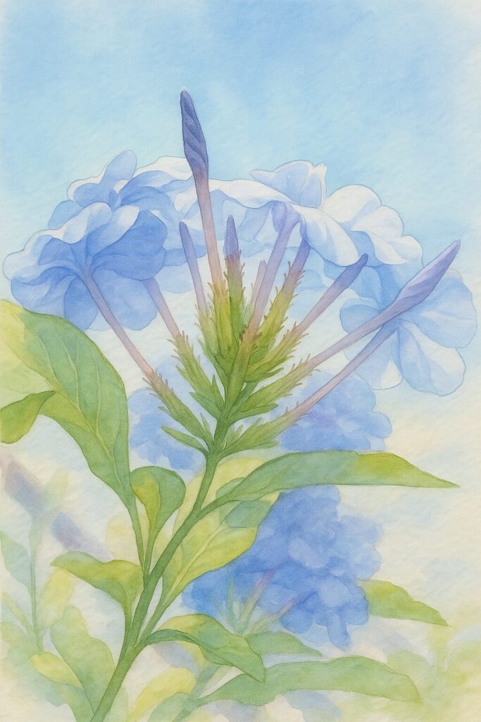 青空を背景に下から見上げ構図で描いた青いルリマツリの水彩画風イラスト