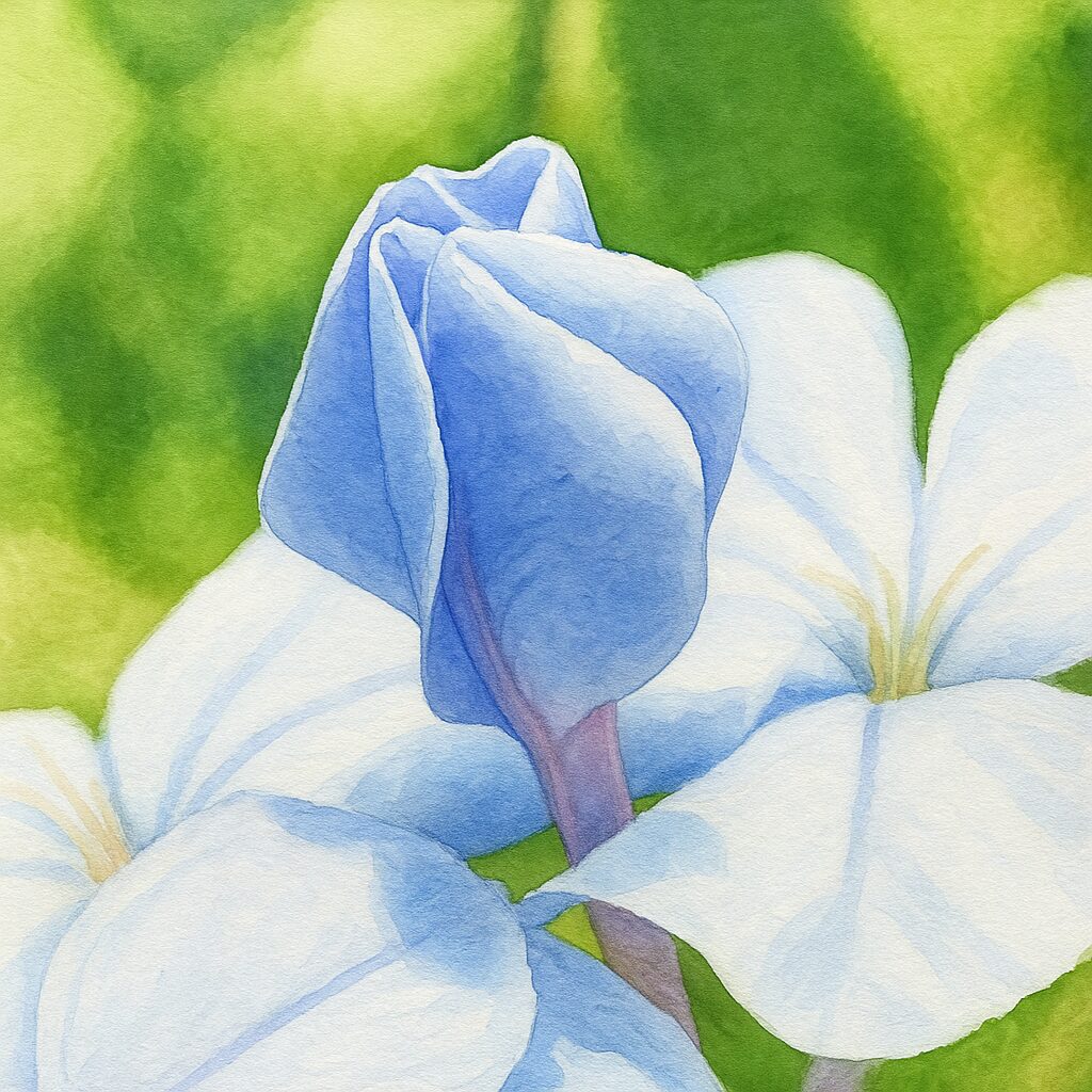 青いルリマツリの蕾を柔らかいタッチで描いた水彩画風イラスト