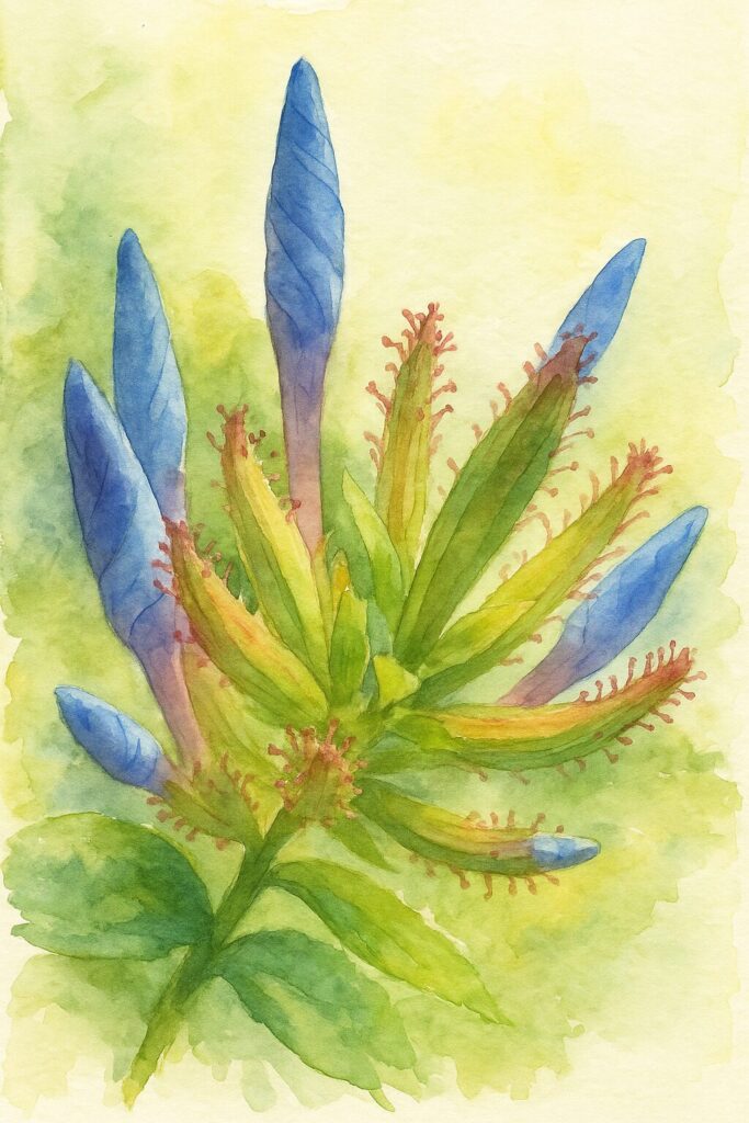 青いルリマツリの複数の蕾を柔らかいタッチで描いた水彩画風イラスト