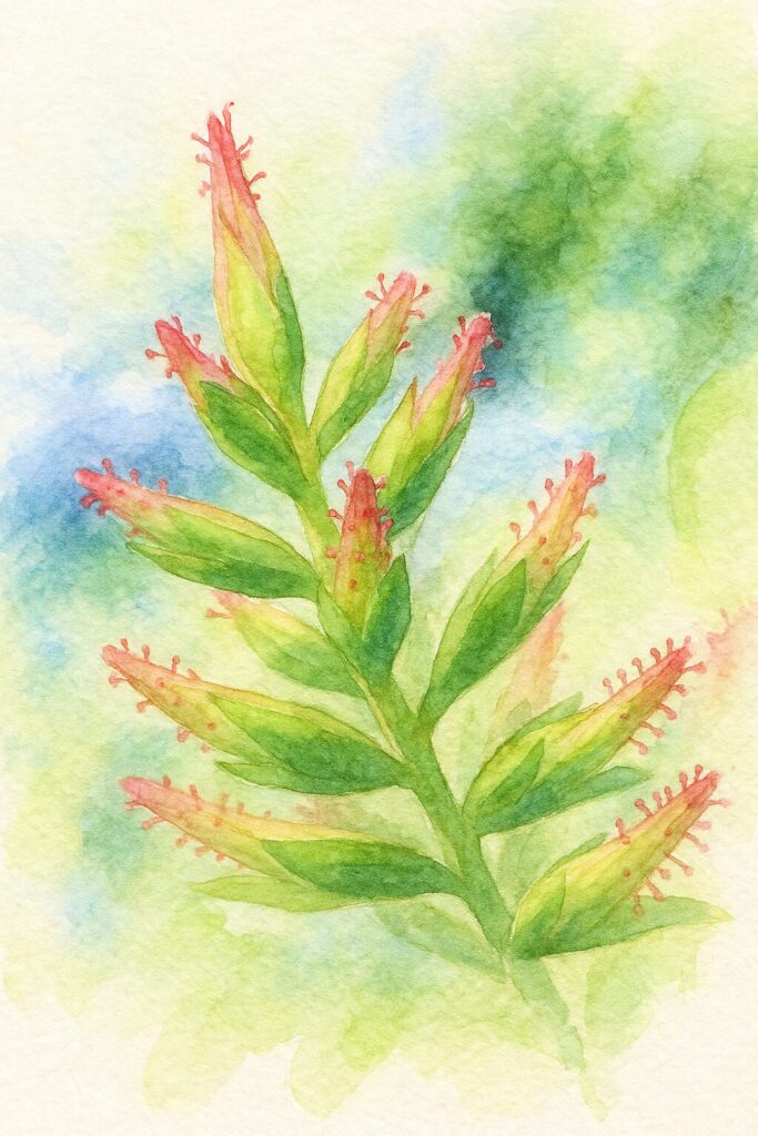 ルリマツリの萼と赤い突起を柔らかいタッチで描いた水彩画風イラスト