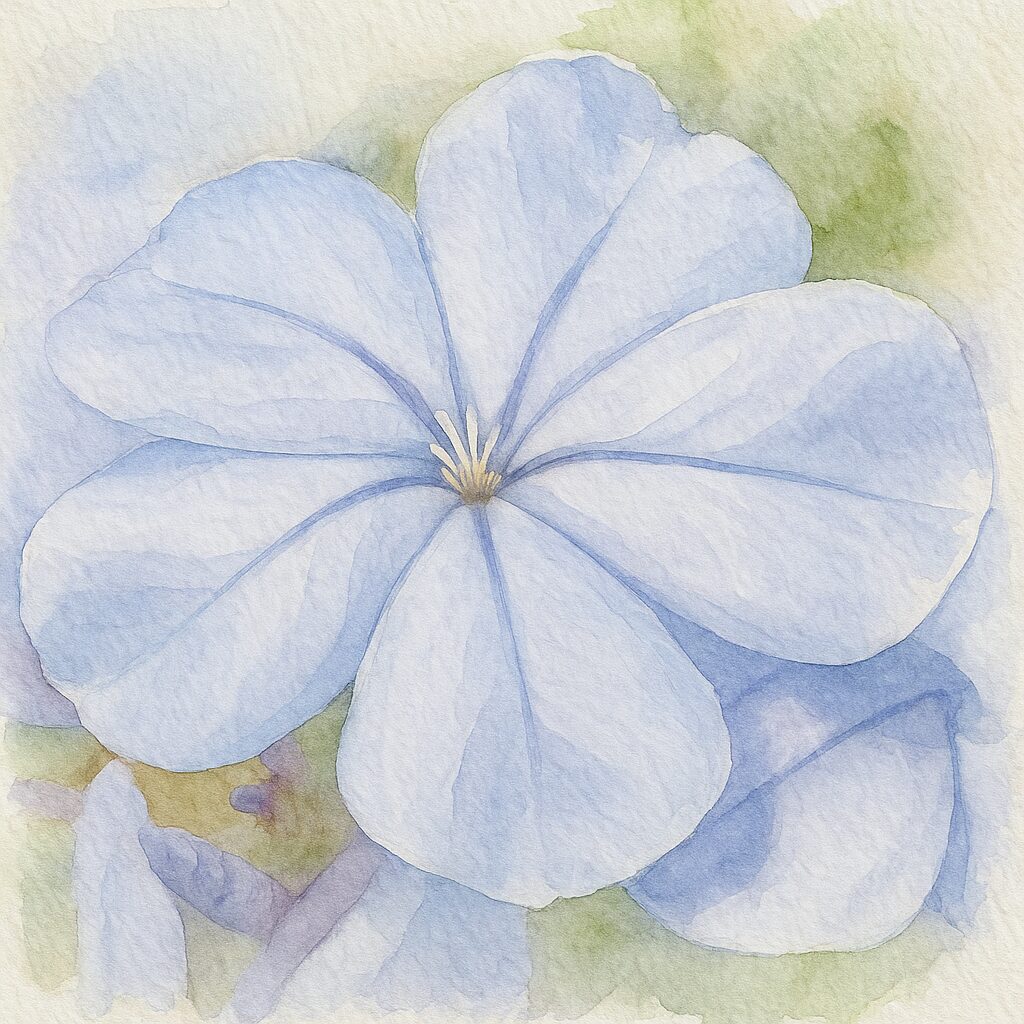 青いルリマツリの花を柔らかいタッチで描いた水彩画風イラスト