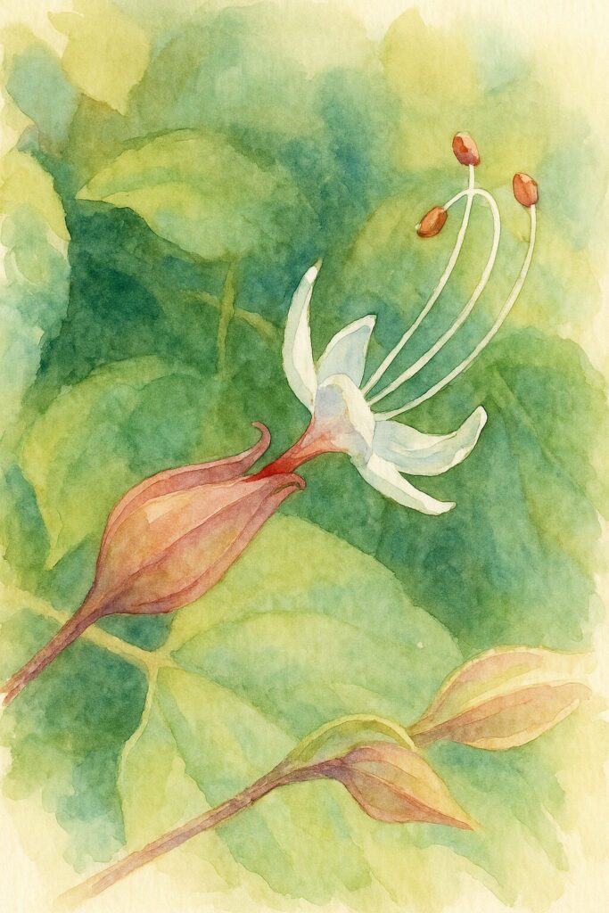日本のクサギの白い花を構図通りに描いた水彩画風イラスト。長い雄しべと紅色がかった蕾が特徴的に表現された作品