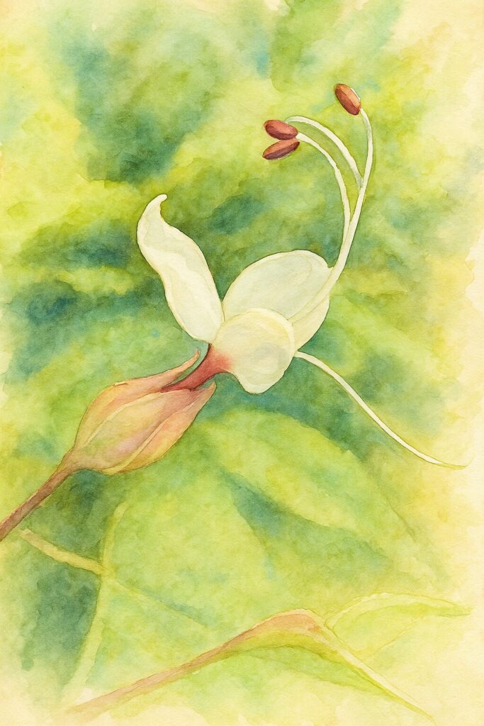 日本のクサギの白い花を構図通りに描いた水彩画風イラスト。長く湾曲する雄しべと蕾のディテールがやわらかい筆致で表現された作品