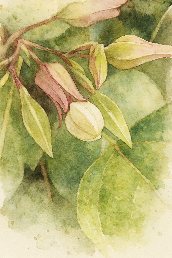 日本のクサギの蕾群を構図通りに描いた水彩画風イラスト。淡い黄白色の蕾とピンク色がかった萼が柔らかなタッチで表現された作品