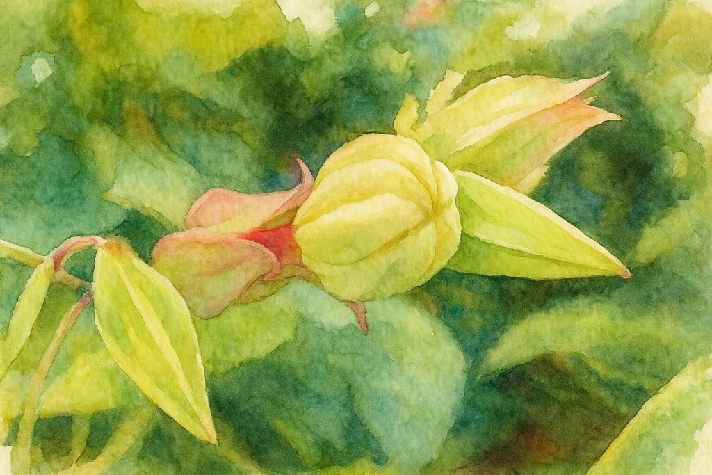 日本のクサギの淡黄色の蕾を構図通りに描いた水彩画風イラスト。蕾のふくらみと萼の淡いピンク色が柔らかな水彩表現で描かれた作品