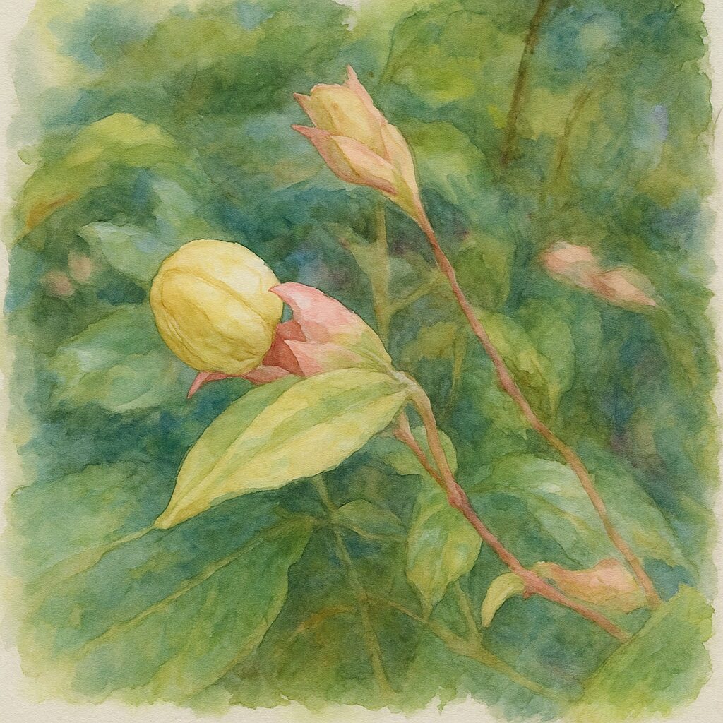 日本のクサギの淡黄色の蕾と薄いピンク色の萼を構図通りに描いた水彩画風イラスト。緑の背景と柔らかな筆致で植物の質感を表現した作品