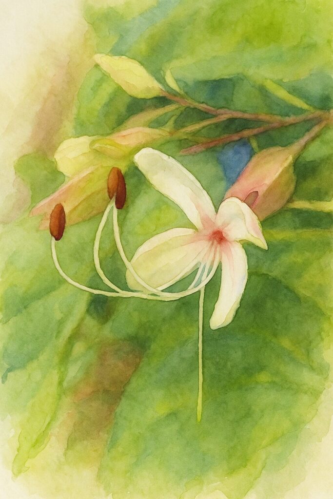 日本のクサギの白い花を構図通りに描いた水彩画風イラスト。長い雄しべと赤褐色の葯が柔らかな水彩タッチで表現された作品