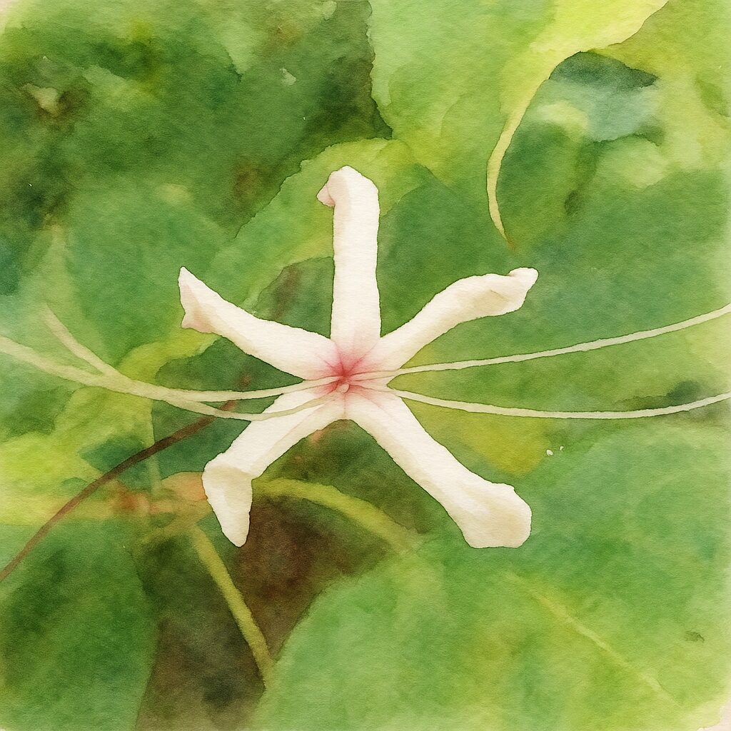 日本のクサギの星形に開いた白い花を構図通りに描いた水彩画風イラスト。淡い紅色の中心と長いしべが柔らかい筆致で表現された作品