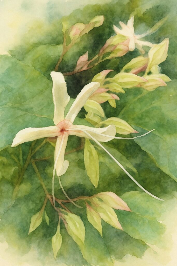 日本のクサギの星形の白い花と淡いピンク色の萼を複数まとめて構図通りに描いた水彩画風イラスト。柔らかな筆致で緑の背景と花の質感を表現した作品