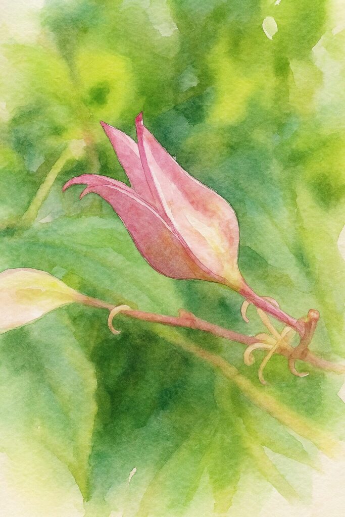 日本のクサギの淡いピンク色の萼を構図通りに描いた水彩画風イラスト。緑の背景に柔らかな色合いで萼の質感が表現された作品