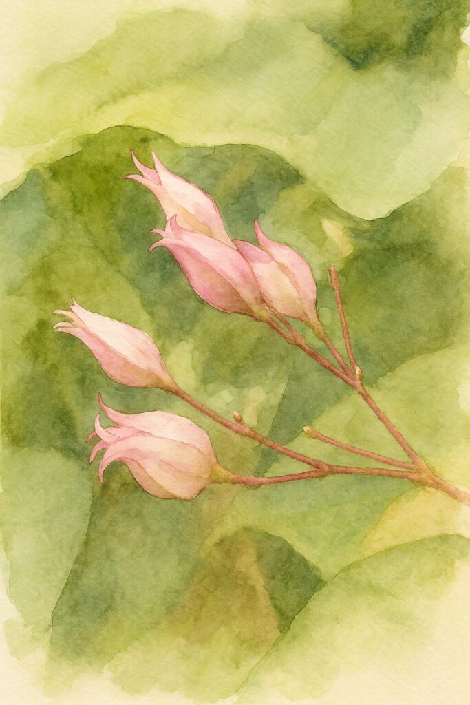 日本のクサギの淡いピンク色の萼を3つまとめて描いた水彩画風イラスト。緑の葉を背景に柔らかな筆致で植物の質感を表現した作品