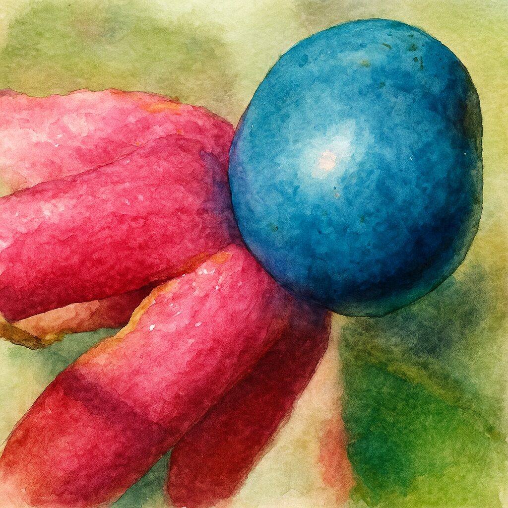 日本のクサギの青い実と赤い萼を構図通りに描いた水彩画風イラスト。強い色彩コントラストが印象的な作品