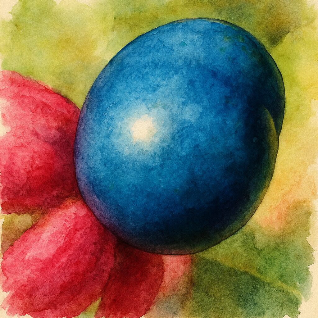 日本のクサギの青い実を構図通りに描いた水彩画風イラスト。強い青と赤系の色対比が印象的に表現された作品