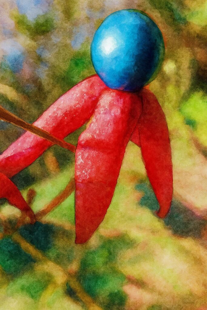 日本のクサギの青い実と赤い萼を構図通りに描いた水彩画風イラスト。強い色彩コントラストと光沢感を柔らかな筆致で表現した作品