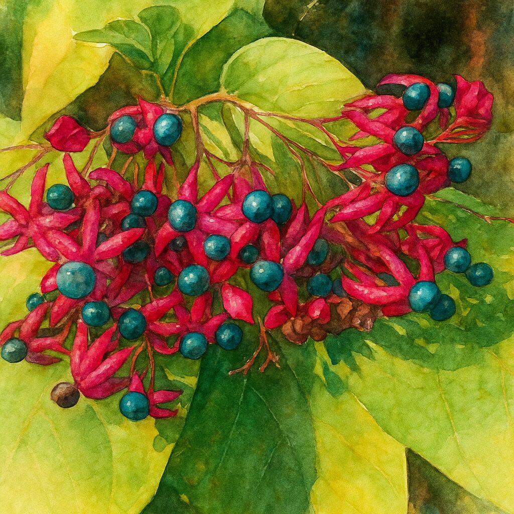 日本のクサギの赤い萼と青い実が群生する姿を構図通りに描いた水彩画風イラスト。色彩コントラストが強く鮮やかな作品